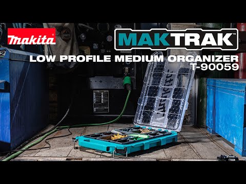 Video showing Makita T-90059 organizer in use—highlighting bin access, lid clarity, and mobile jobsite setup.

