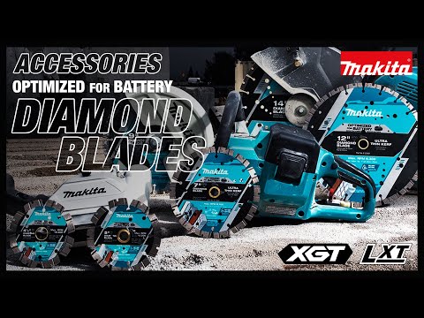 Makita promotional video showcasing 14" Thin Kerf Diamond Blade cutting various masonry materials
