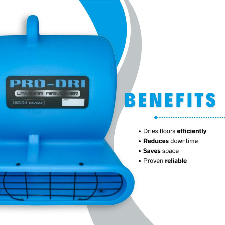 Graphic highlighting Pro-Dri air mover benefits like low amp draw and high CFM