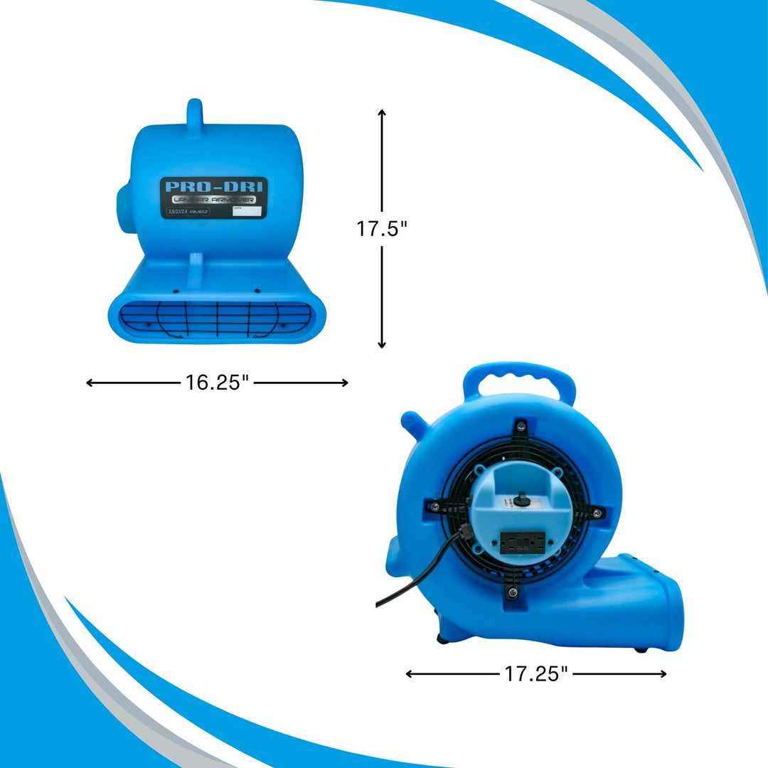Scale comparison showing compact size of Pro-Dri 2.9 Amp air mover in job site setting