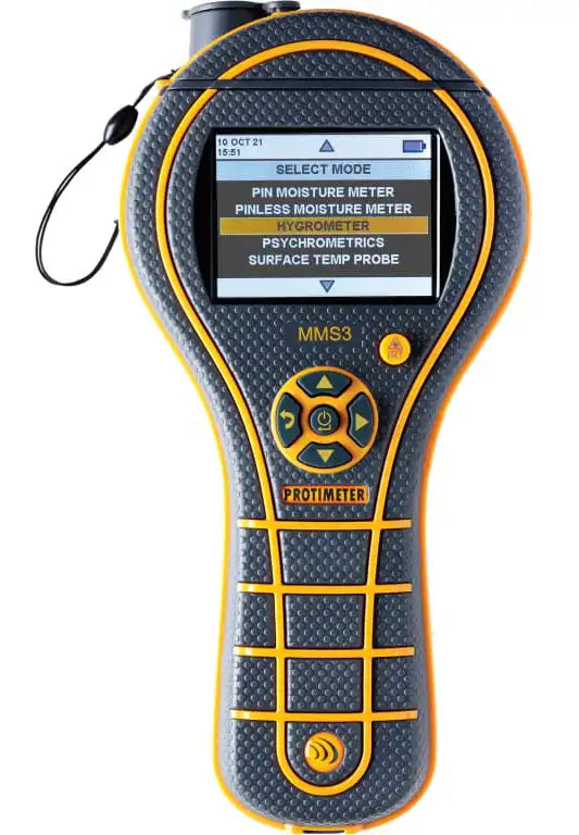 protimeter mms3 full front view with large color display and dual sensor layout
