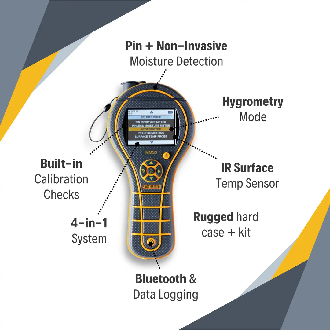 protimeter mms3 moisture meter showing labeled features including hygrometry and infrared functions
