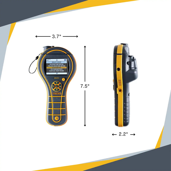 protimeter mms3 next to measuring tape to show scale and handheld size
