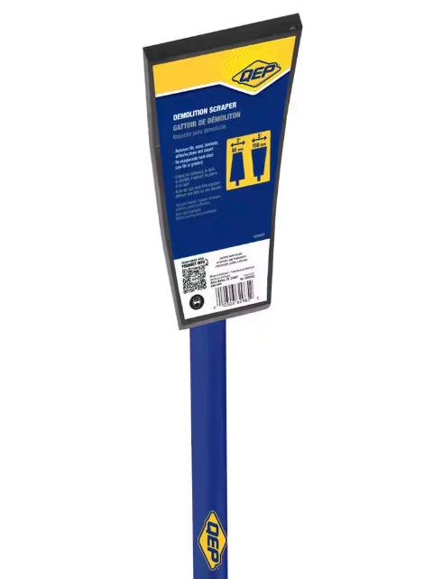Product label on QEP demolition scraper handle showing model and specifications
