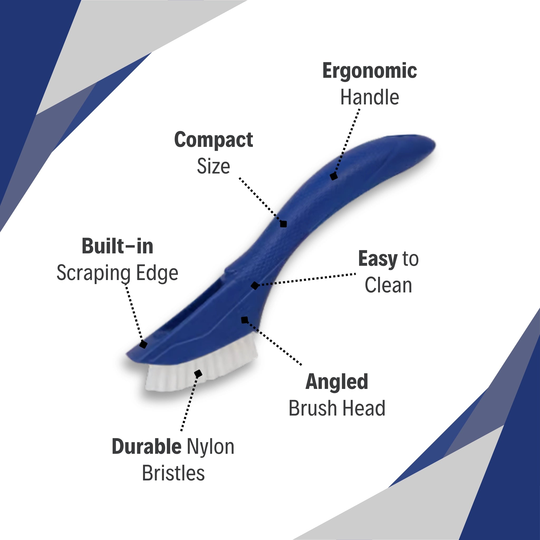 Key features of the QEP Grout Cleaning Brush including ergonomic handle, angled head, and scraper
