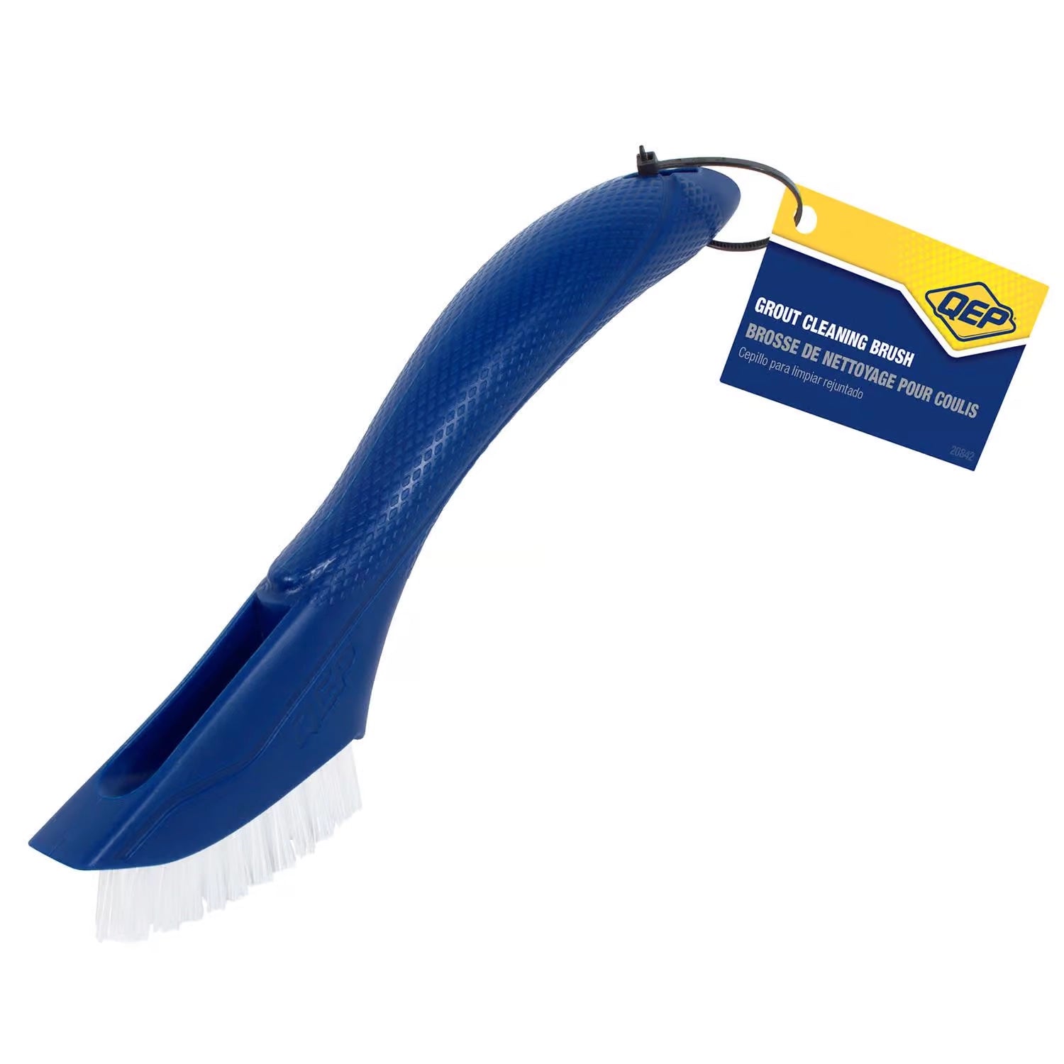 QEP Grout Cleaning Brush with retail tag attached for in-store display
