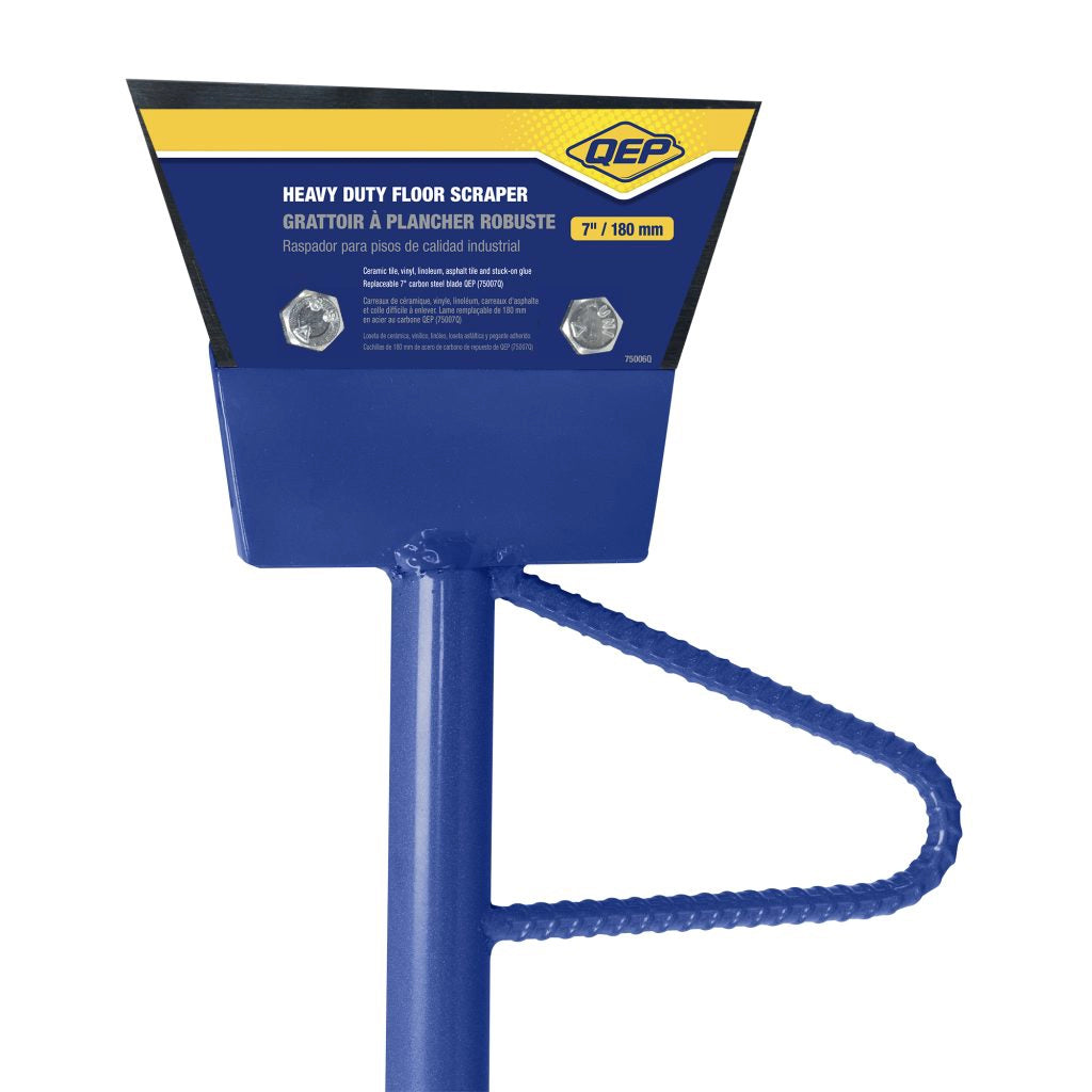 Product label on QEP floor scraper shaft showing model and specifications
