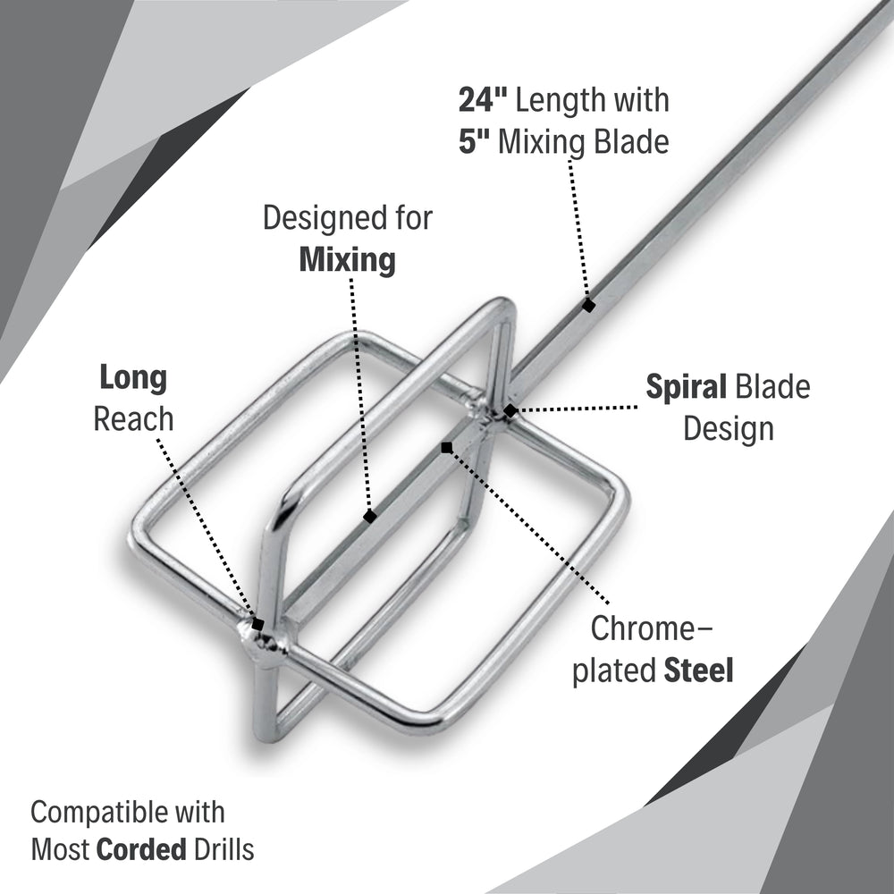 Highlighted features of the QEP Super Mixer Paddle with chrome-plated steel and spiral blade
