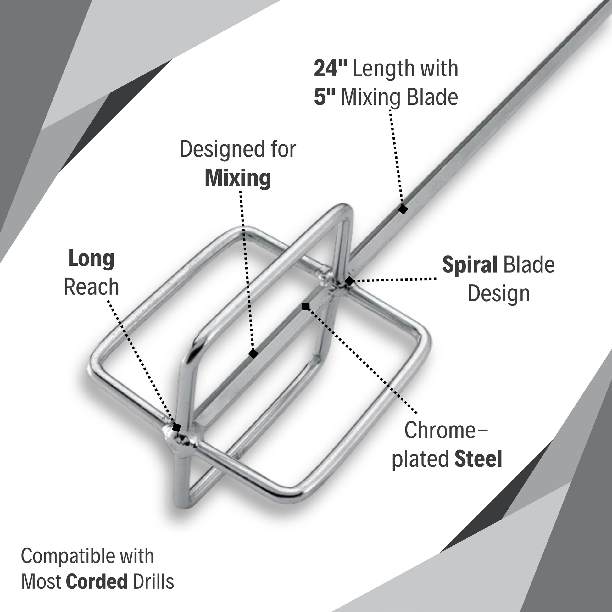 Highlighted features of the QEP Super Mixer Paddle with chrome-plated steel and spiral blade
