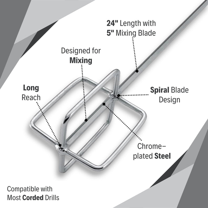 Highlighted features of the QEP Super Mixer Paddle with chrome-plated steel and spiral blade
