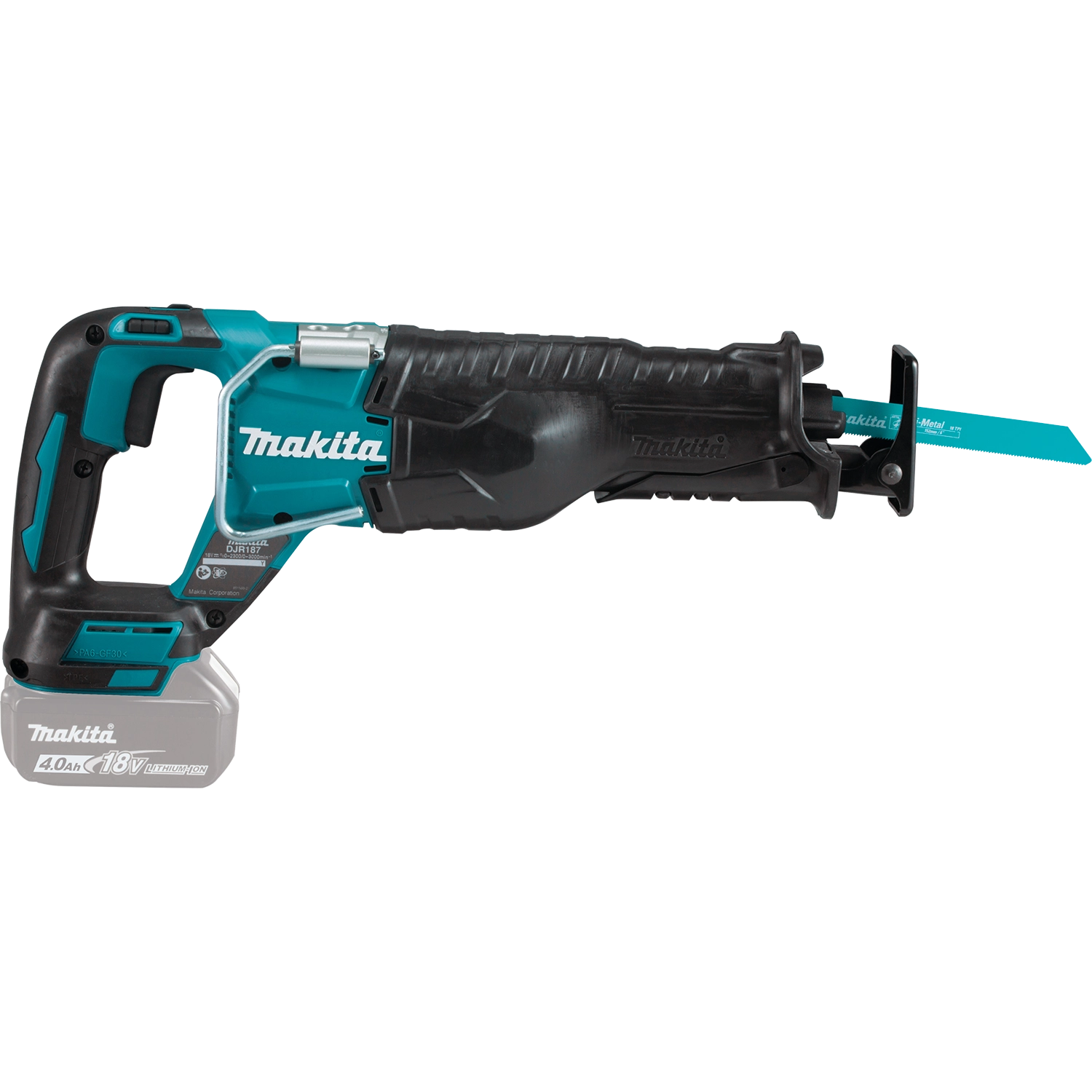right side view of makita 18v lxt reciprocating saw with battery connected
