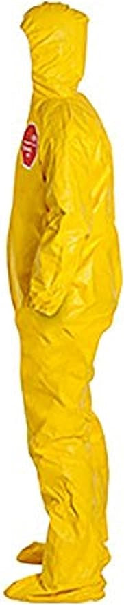 Right side view of protective coverall showing taped seams and secure fit
