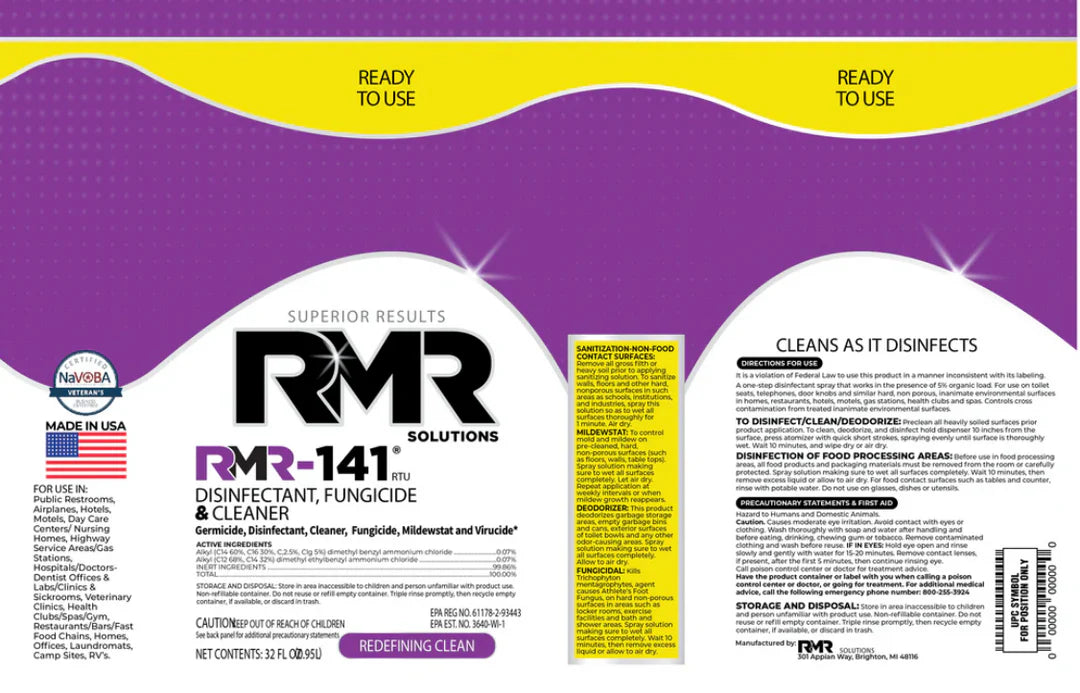 Close-up label view of RMR-141 disinfectant with usage instructions
