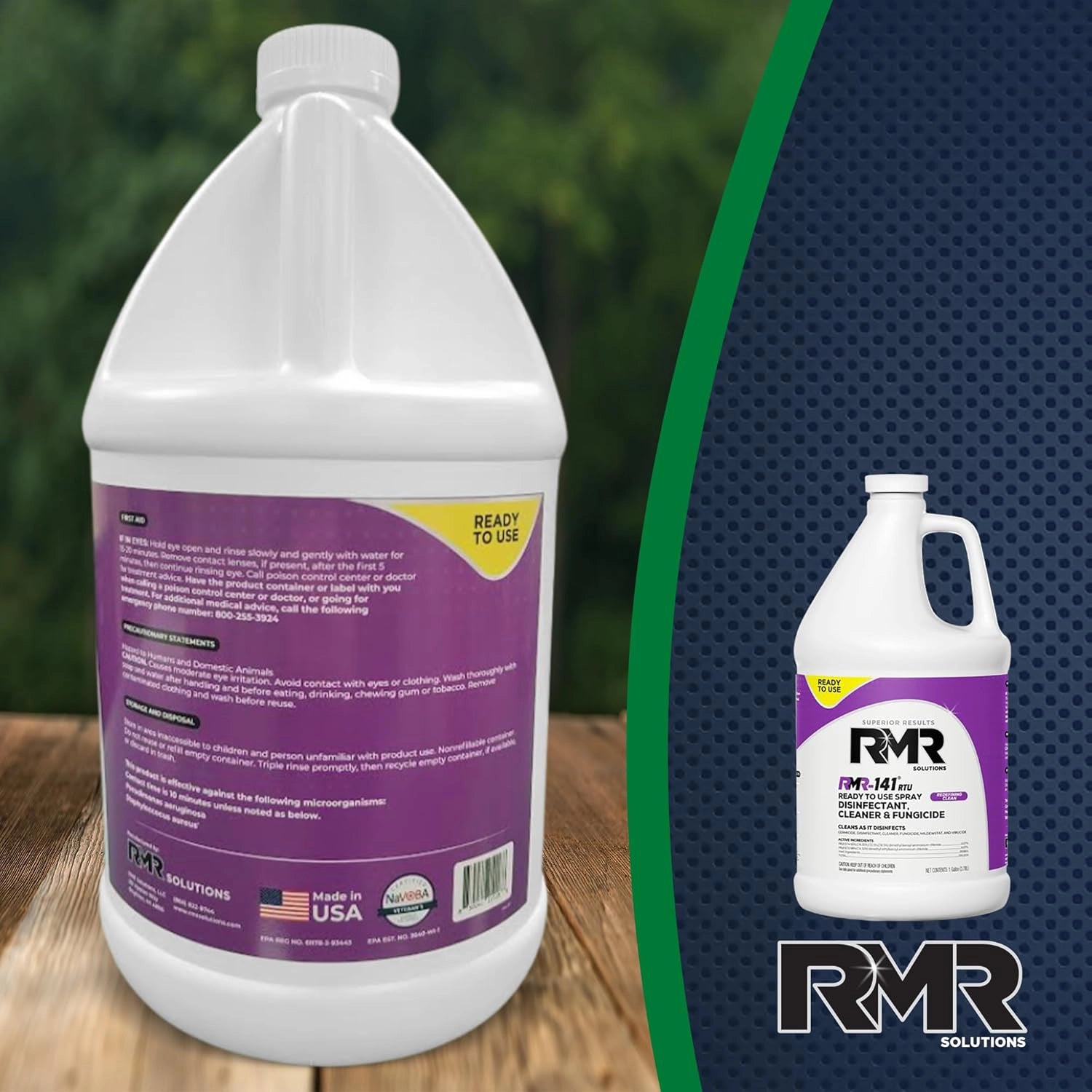 Close-up of RMR-141 label on gallon jug highlighting active ingredients
