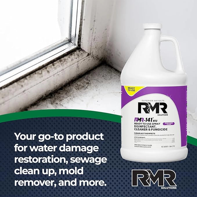 Dirty window seal treated with RMR-141 disinfectant
