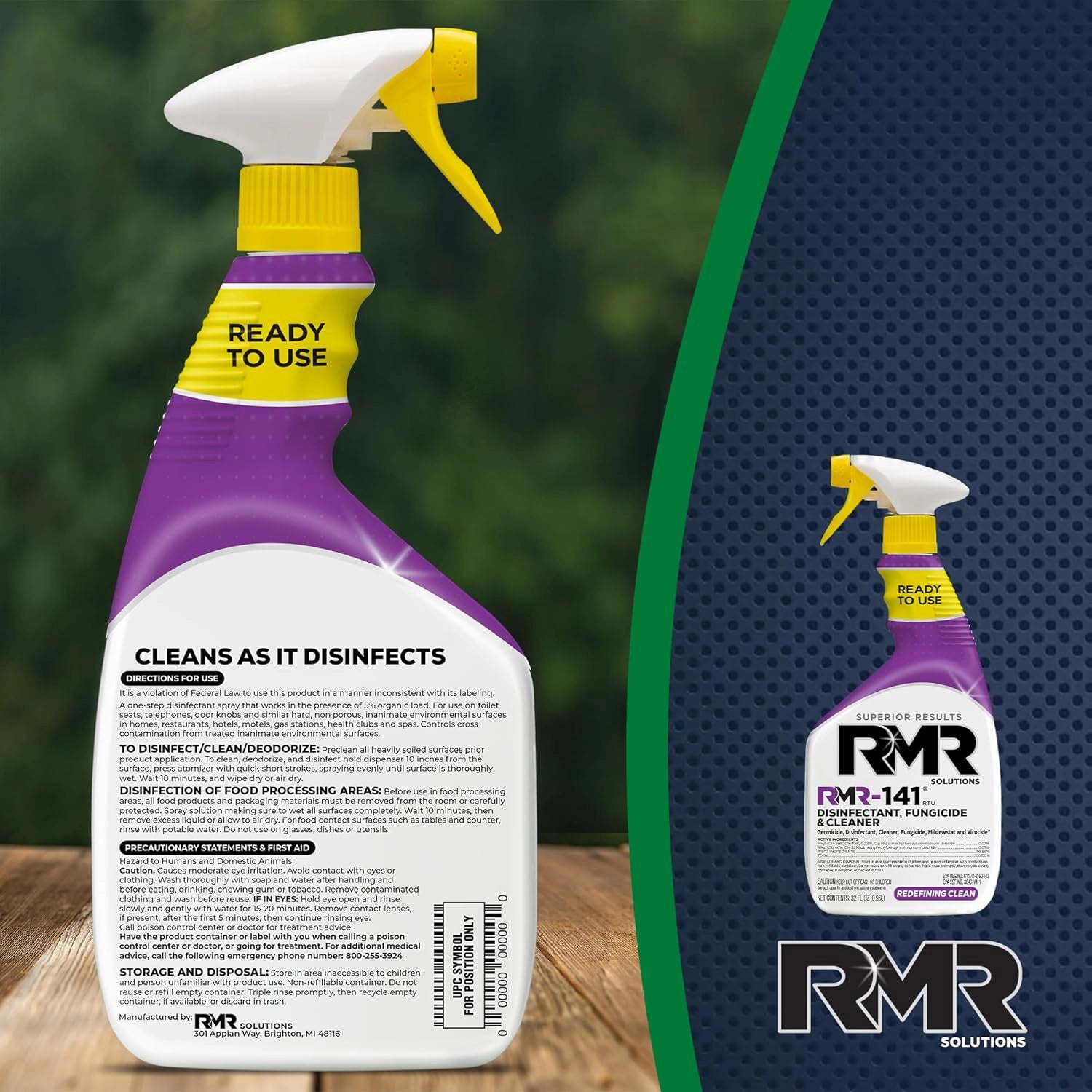Back label of RMR-141 RTU disinfectant spray showing usage instructions
