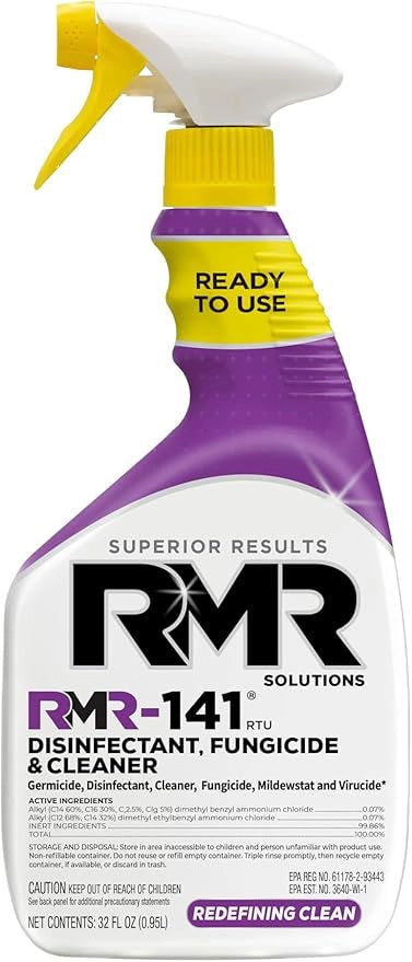 RMR-141 disinfectant spray bottle standing upright on flat surface
