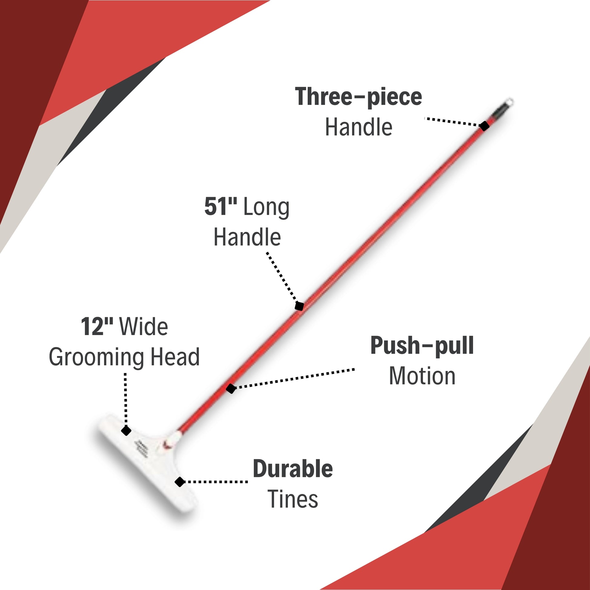 Highlighted features of the Roberts Carpet Rake including ergonomic handle and wide grooming head

