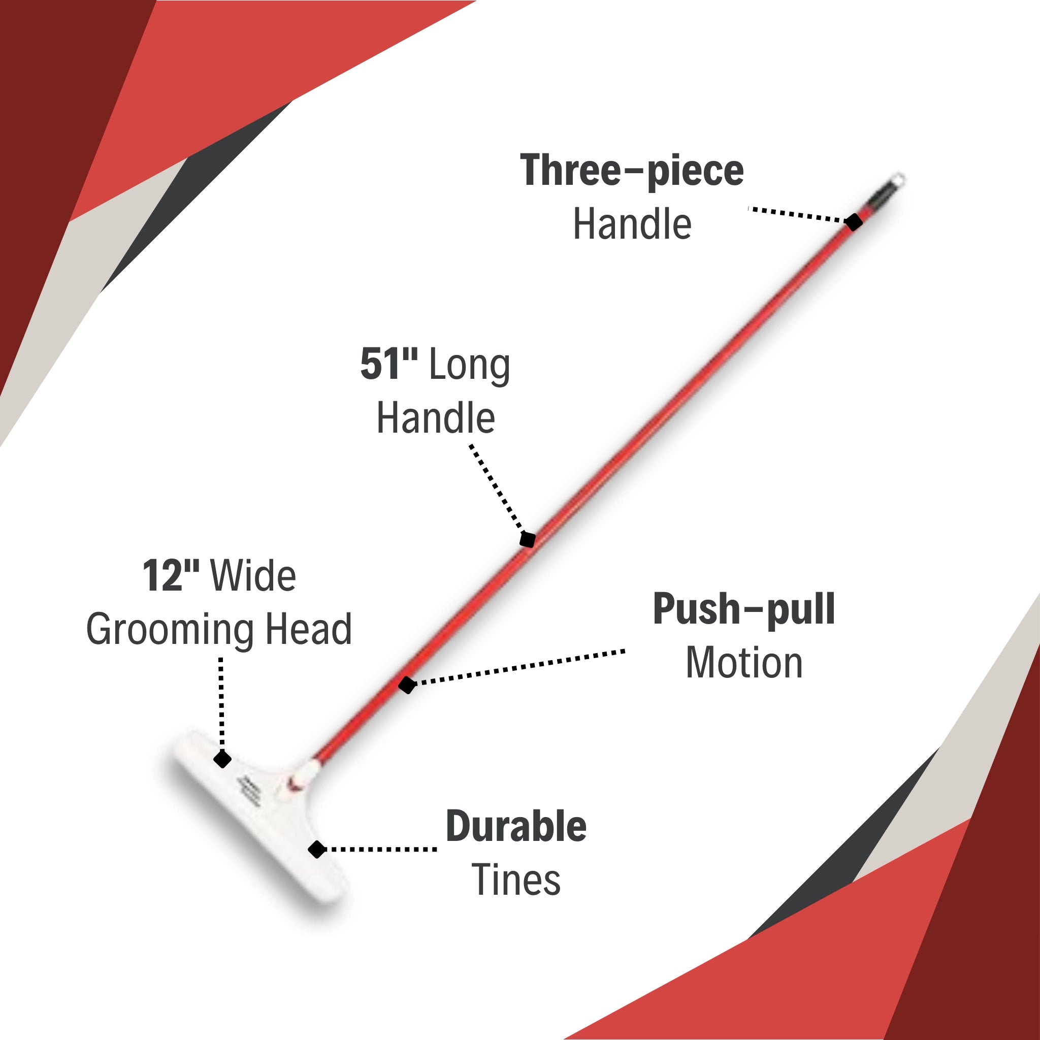 Highlighted features of the Roberts Carpet Rake including ergonomic handle and wide grooming head
