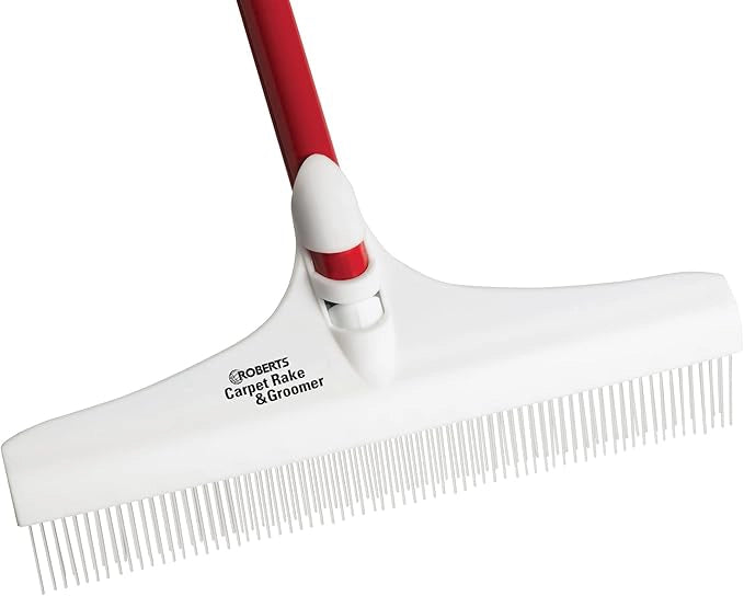 Close-up of carpet rake head showing durable tines and build quality
