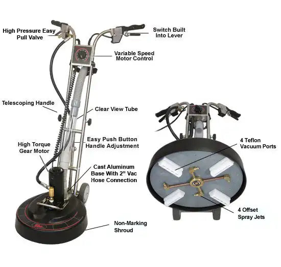 Dual-view of Rotovac 360i highlighting spray jets and vacuum ports
