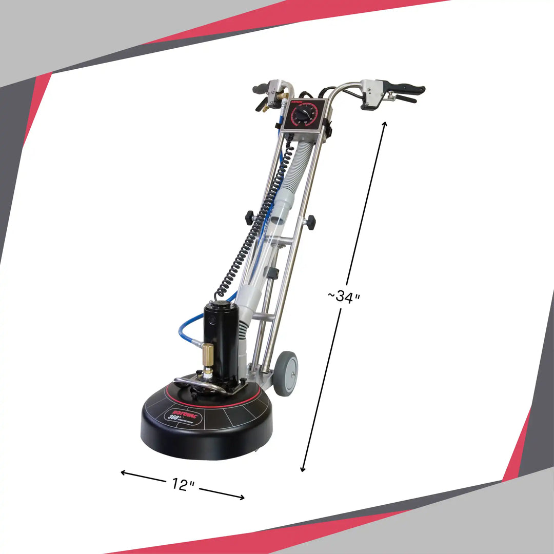 Rotovac 360i shown with approximate dimensions of 34" height and 12" cleaning head width