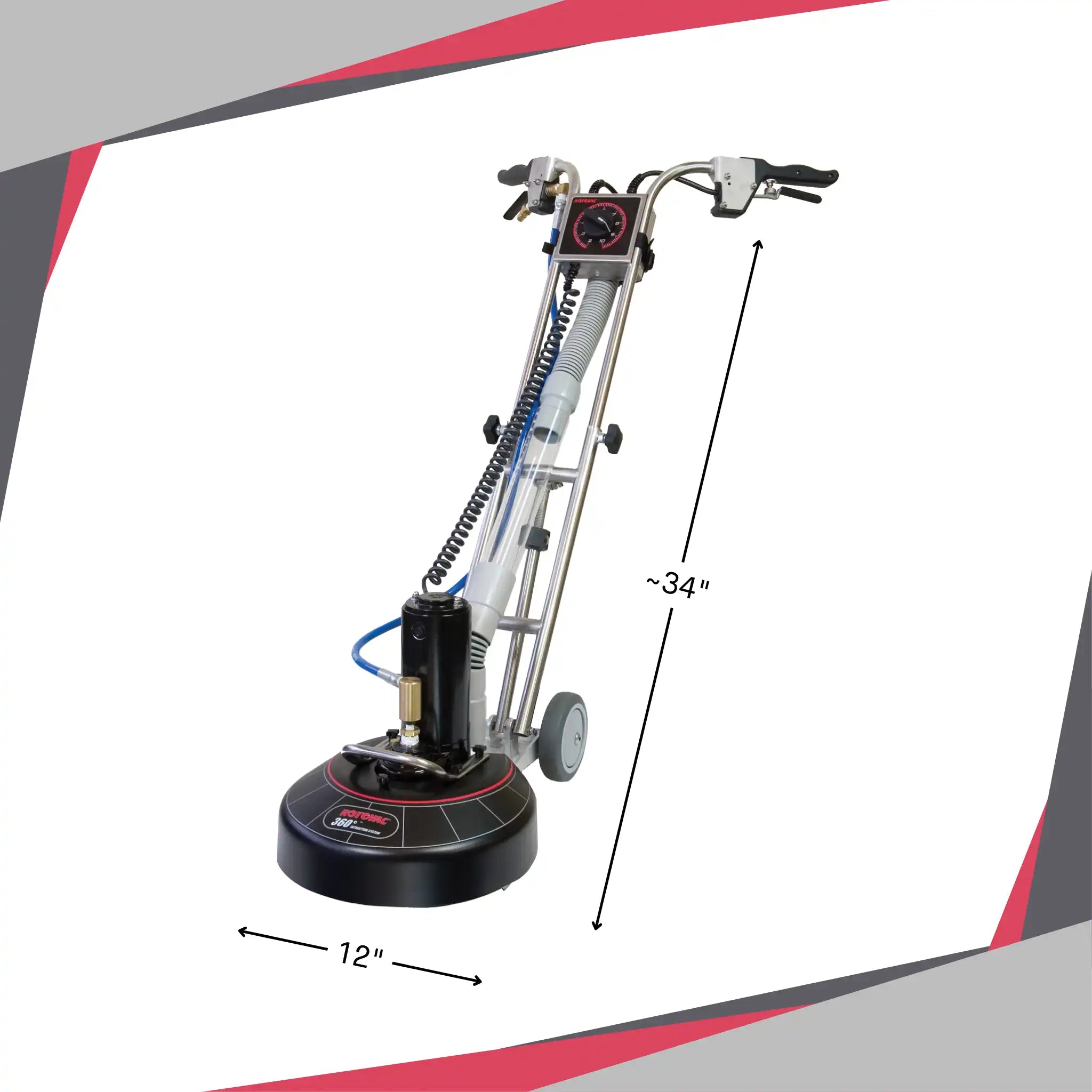 Rotovac 360i shown with approximate dimensions of 34" height and 12" cleaning head width