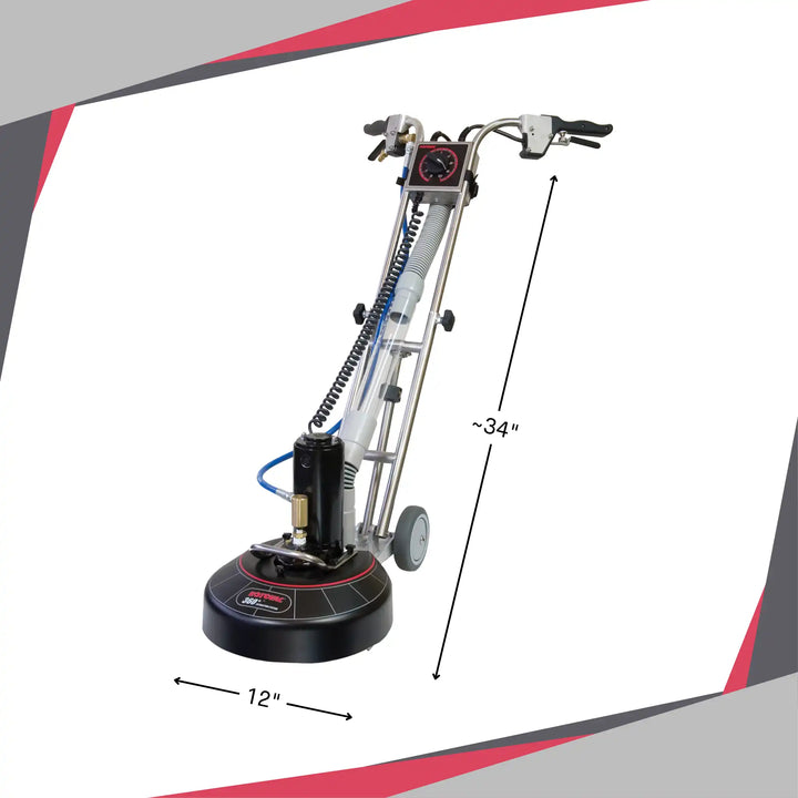 Rotovac 360i shown with approximate dimensions of 34" height and 12" cleaning head width