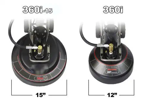 Side-by-side comparison of the Rotovac 360i 15-inch and 12-inch cleaning heads