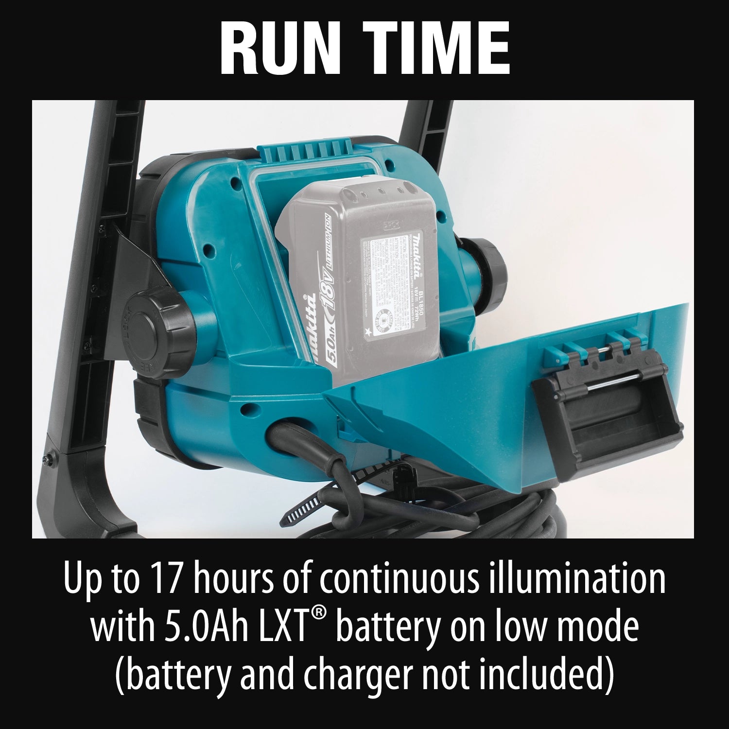 highlight on extended run time of makita 18v lxt led work light with 5.0ah battery
