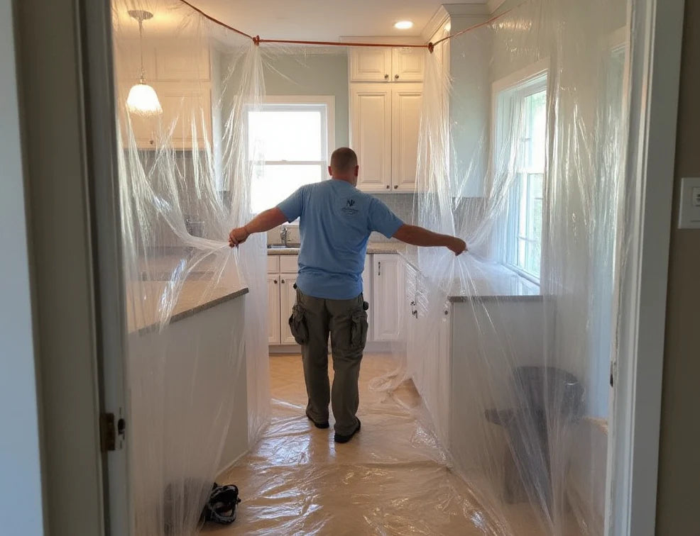 Restoration technician setting up plastic dust barrier in a residential kitchen
