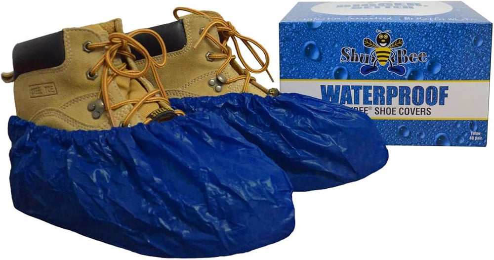 Front view of Shubee shoe covers alongside retail packaging
