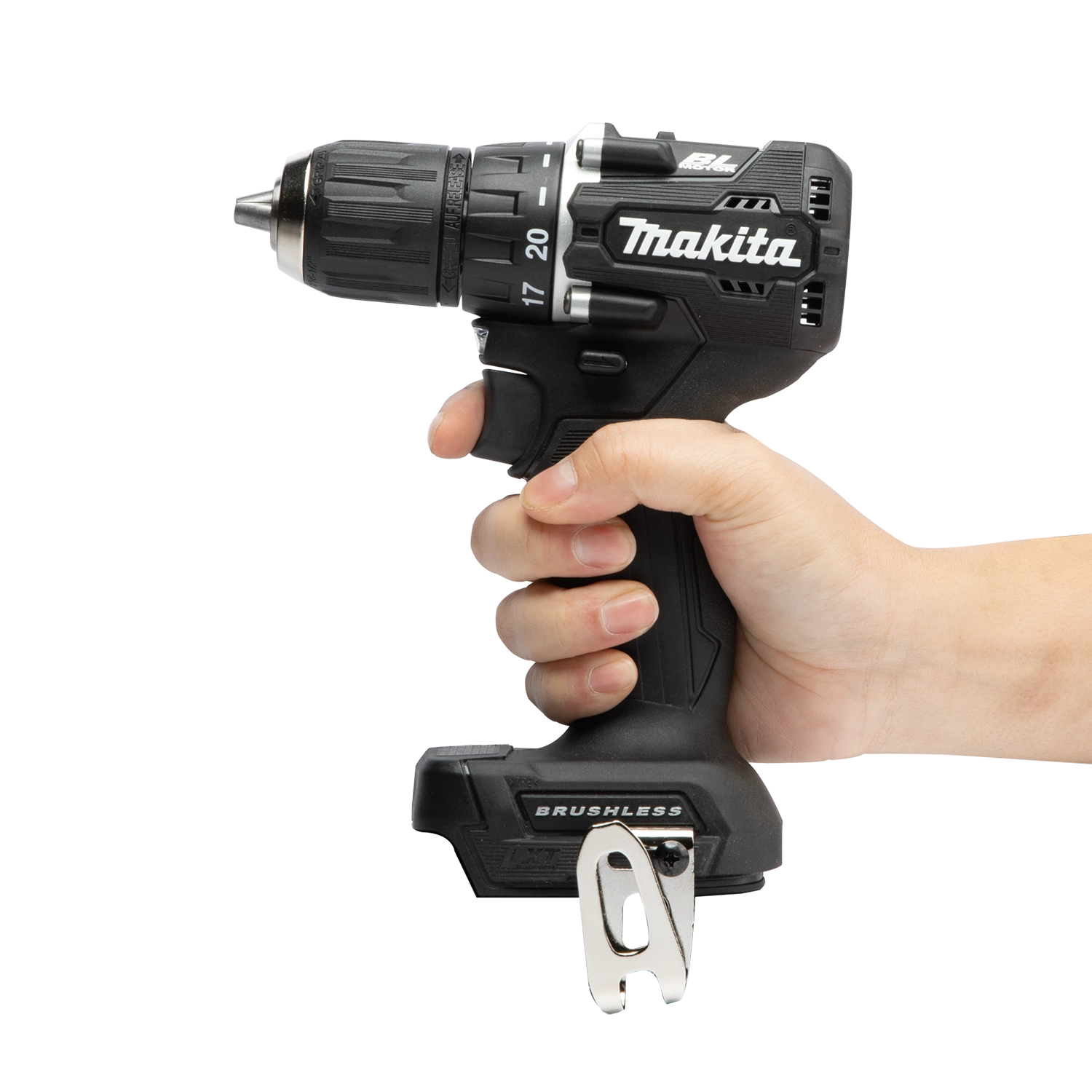 makita sub compact drill held from the side for ergonomic grip view
