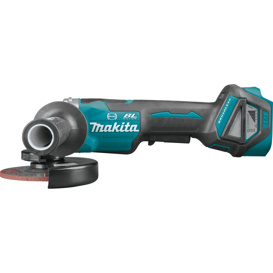 makita 18v lxt 5 inch grinder side profile showing ergonomic design and battery attachment

