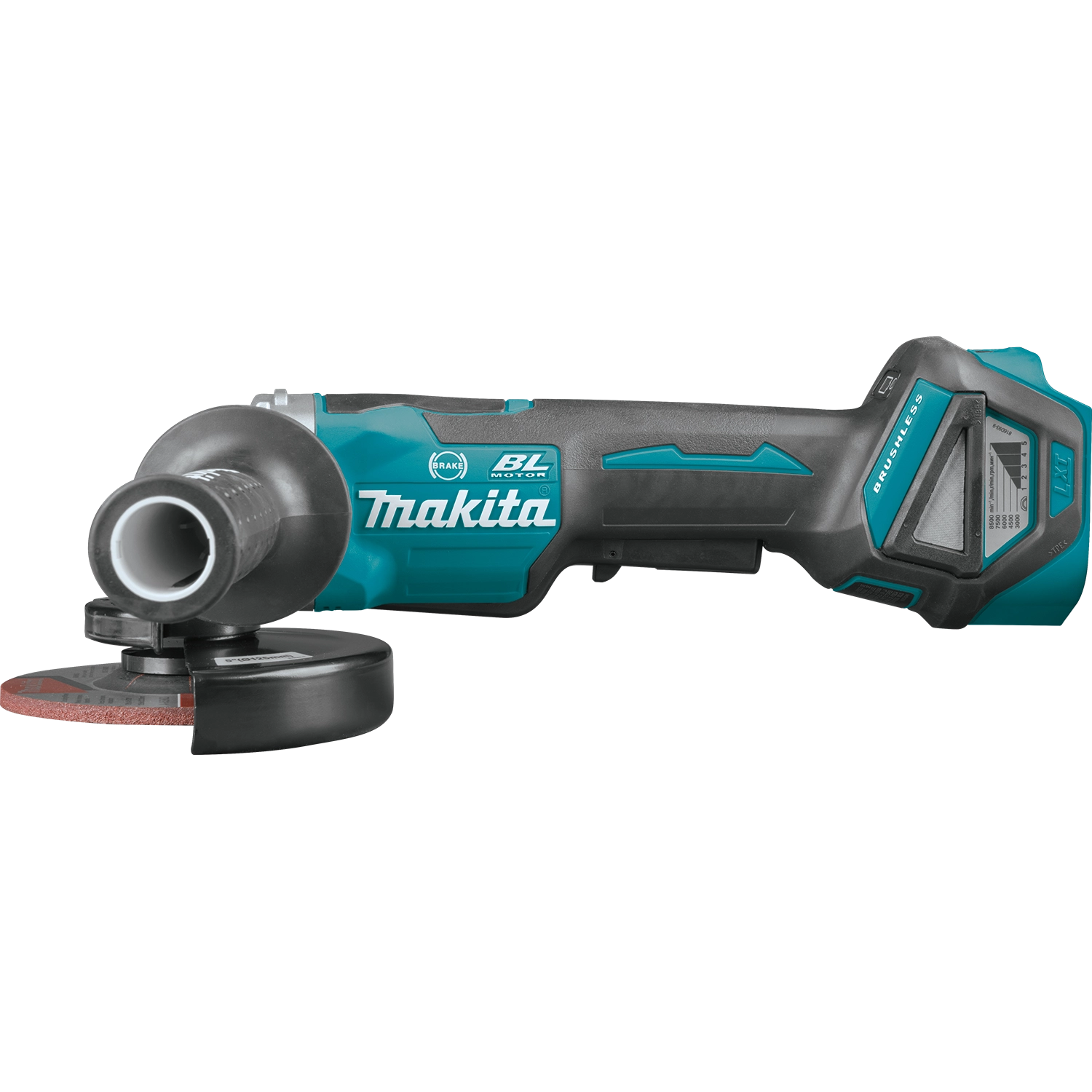 makita 18v lxt 5 inch grinder side profile showing ergonomic design and battery attachment
