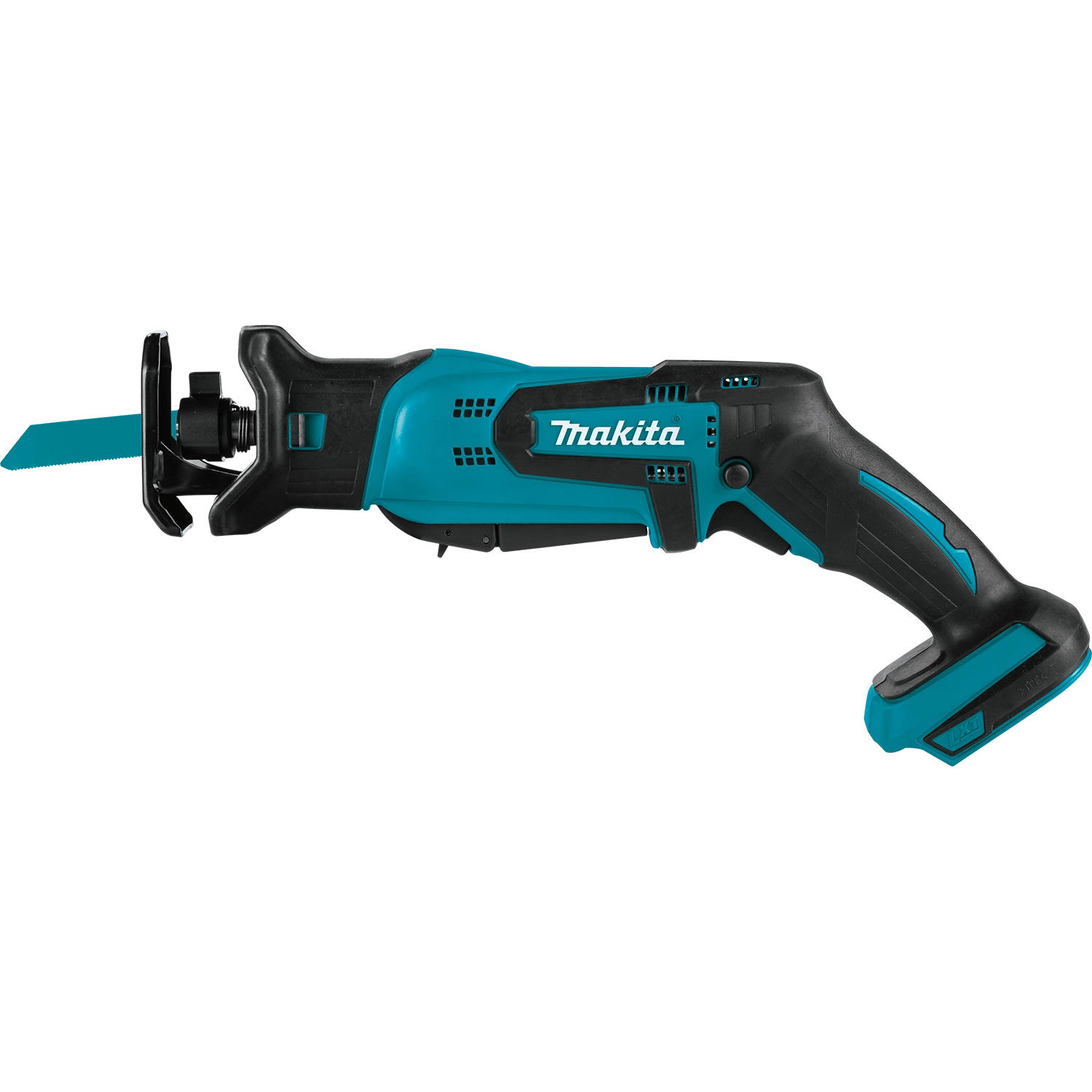 side view of makita 18v lxt compact recipro saw showing slim profile and battery attached
