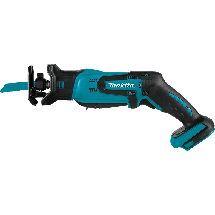 side view of makita 18v lxt compact recipro saw showing slim profile and battery attached
