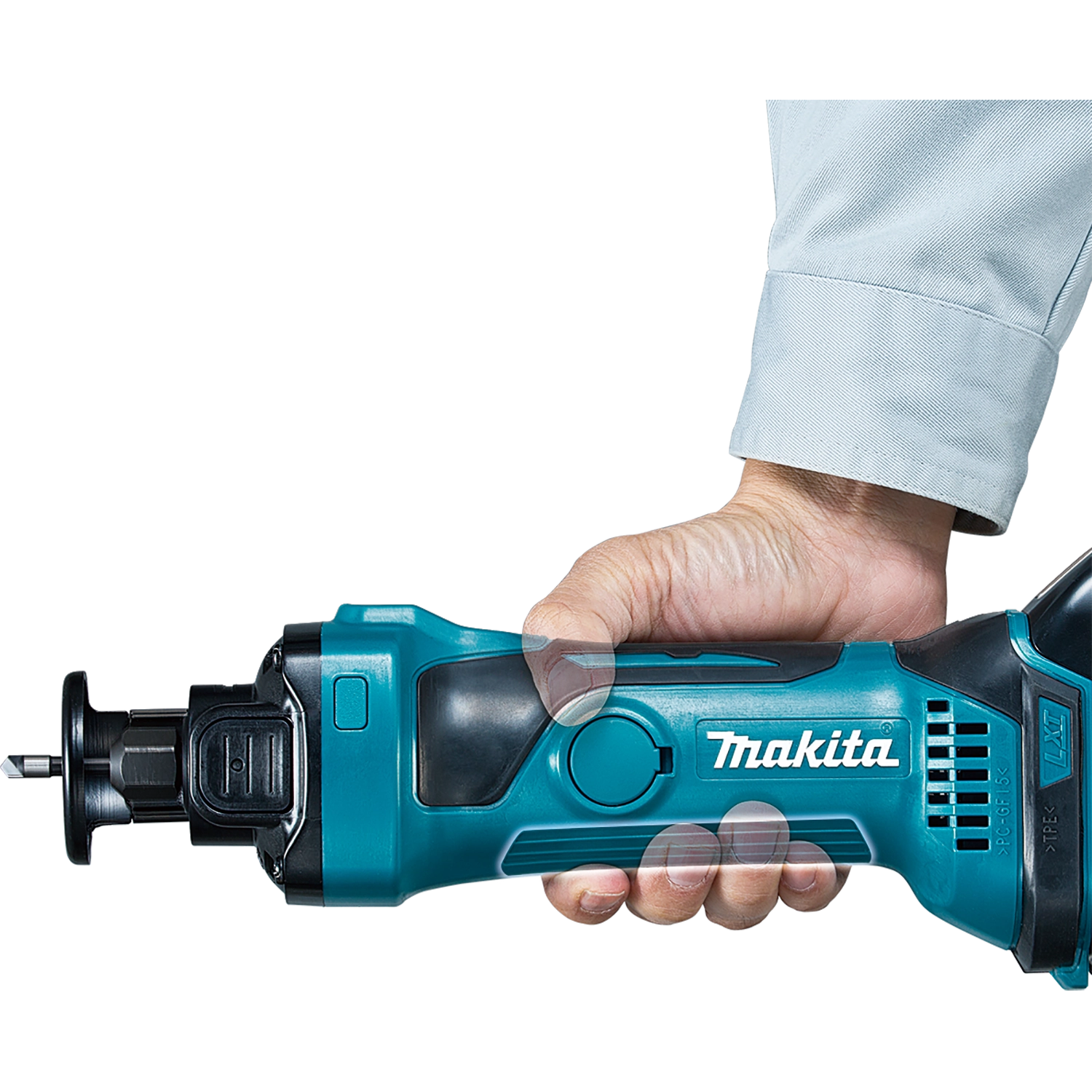 side view of makita cordless cut-out tool with visible depth adjustment and ergonomic grip
