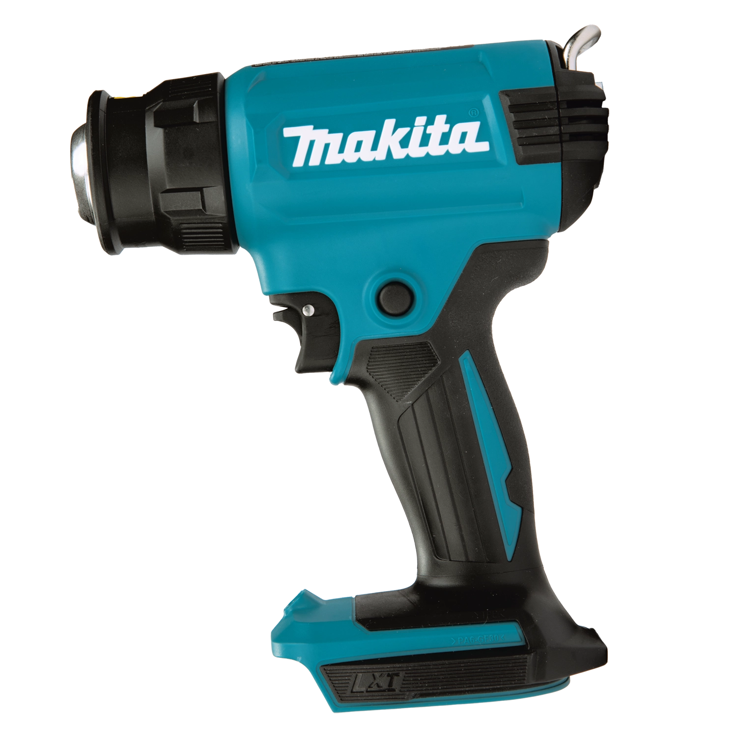 side profile of makita 18v cordless heat gun highlighting nozzle and soft grip handle
