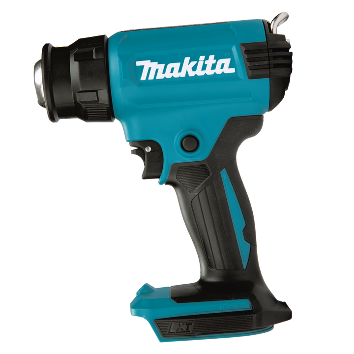 side profile of makita 18v cordless heat gun highlighting nozzle and soft grip handle
