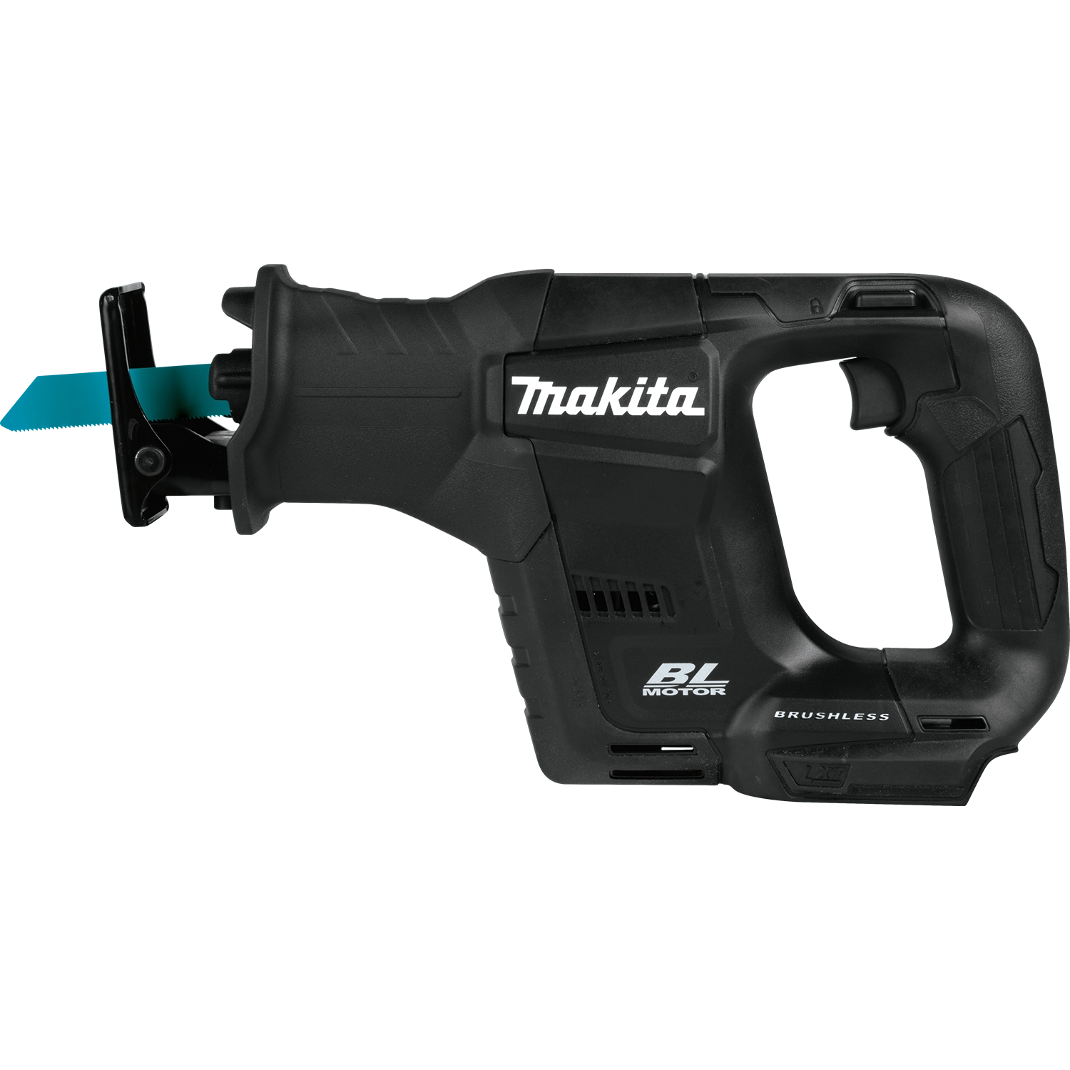 side profile of makita xrj07zb compact recipro saw highlighting slim design and battery mount
