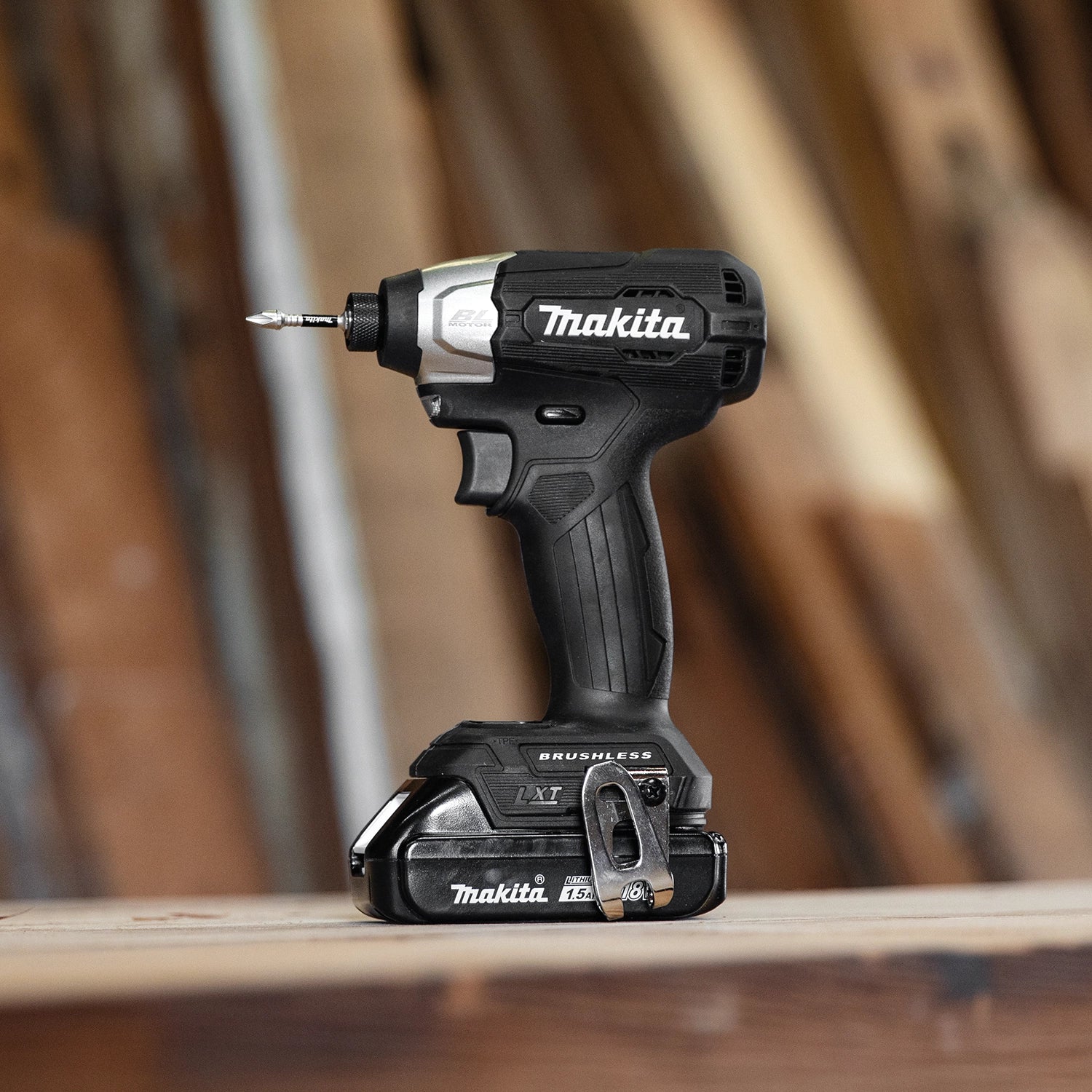 alternate side angle of makita sub-compact drill during job site operation
