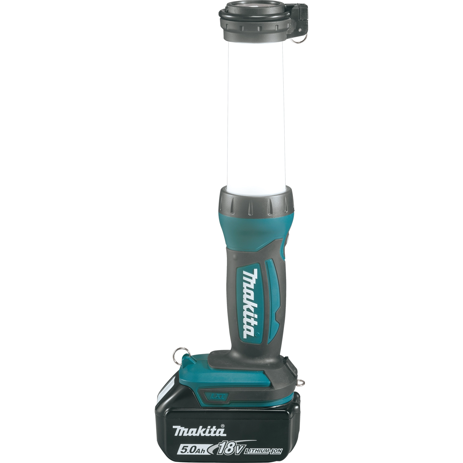side view of makita lantern flashlight with 18v lxt battery installed
