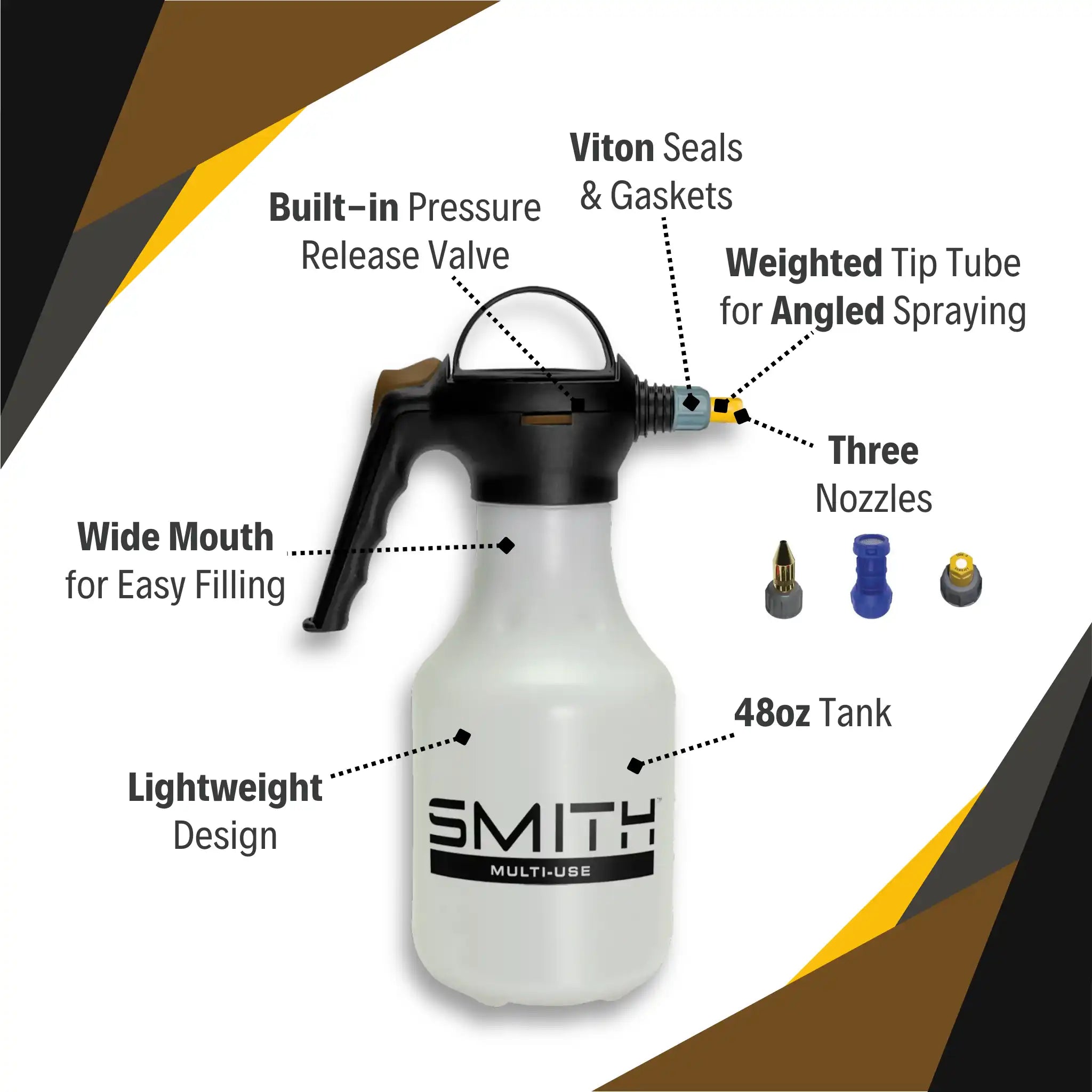 Close-up of Smith Multi-Use 48oz Sprayer highlighting key features like Viton seals and adjustable nozzles
