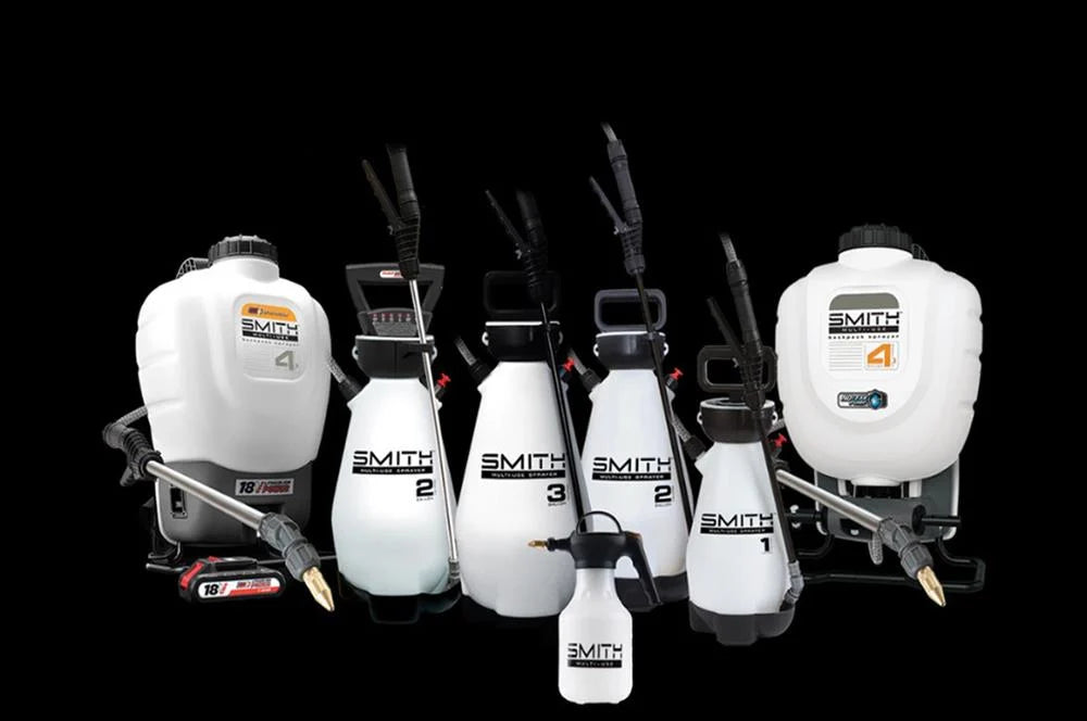 Group shot of Smith brand professional sprayers for restoration, cleaning, and industrial use
