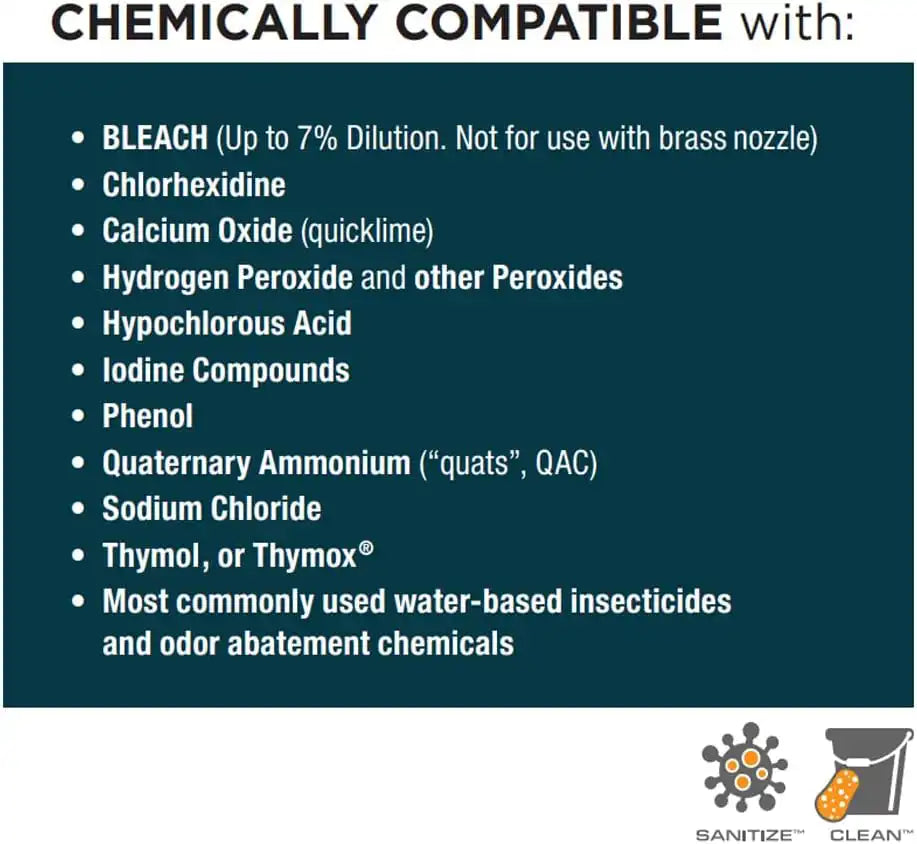 Compatible chemicals chart showing approved disinfectants and insecticides for use with Smith ULV Fogger
