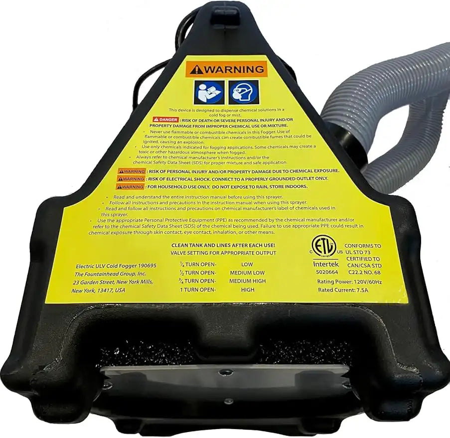 Warning and instruction label adhered to the fogger housing
