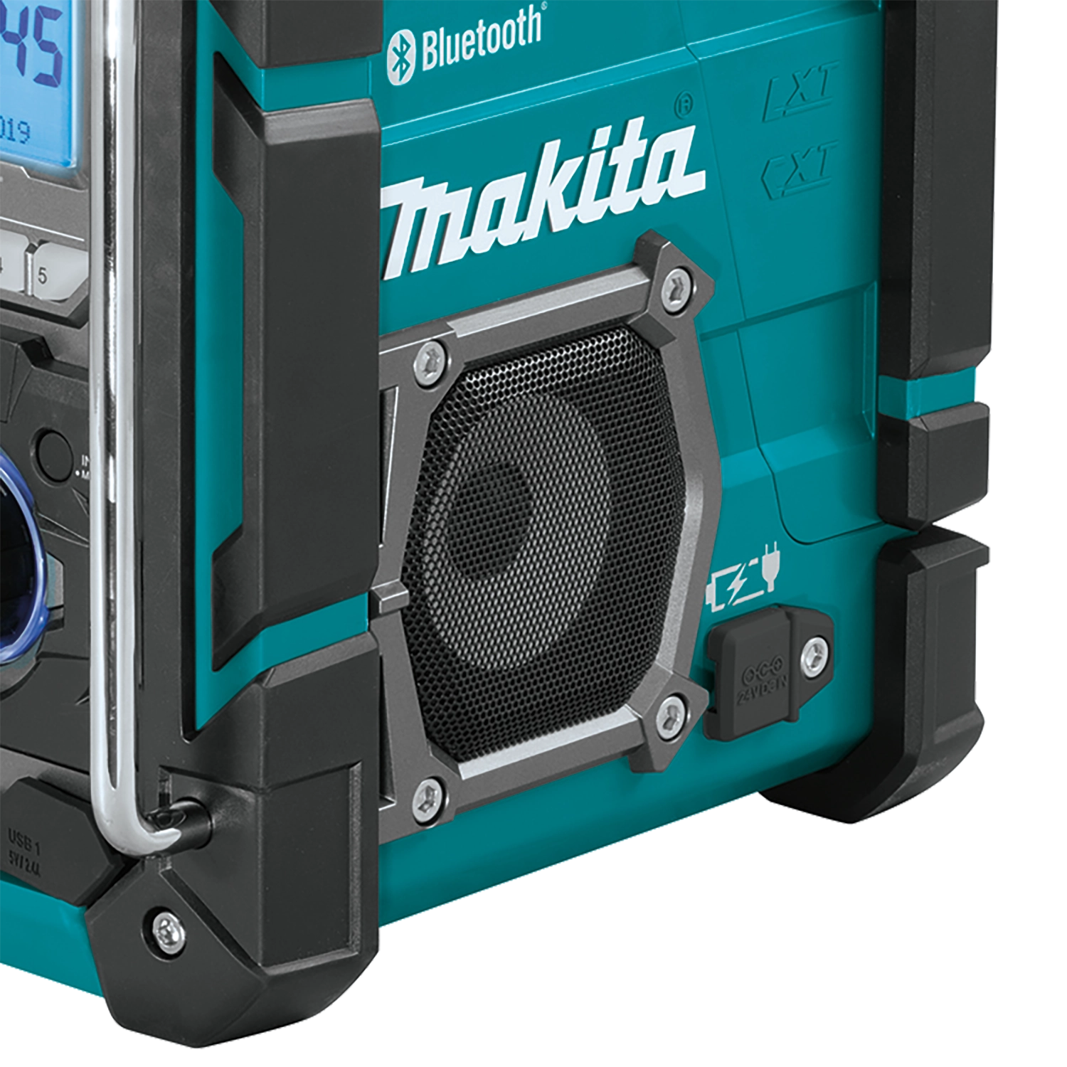 close-up of speaker grille on makita 18v lxt radio charger with dual speaker output
