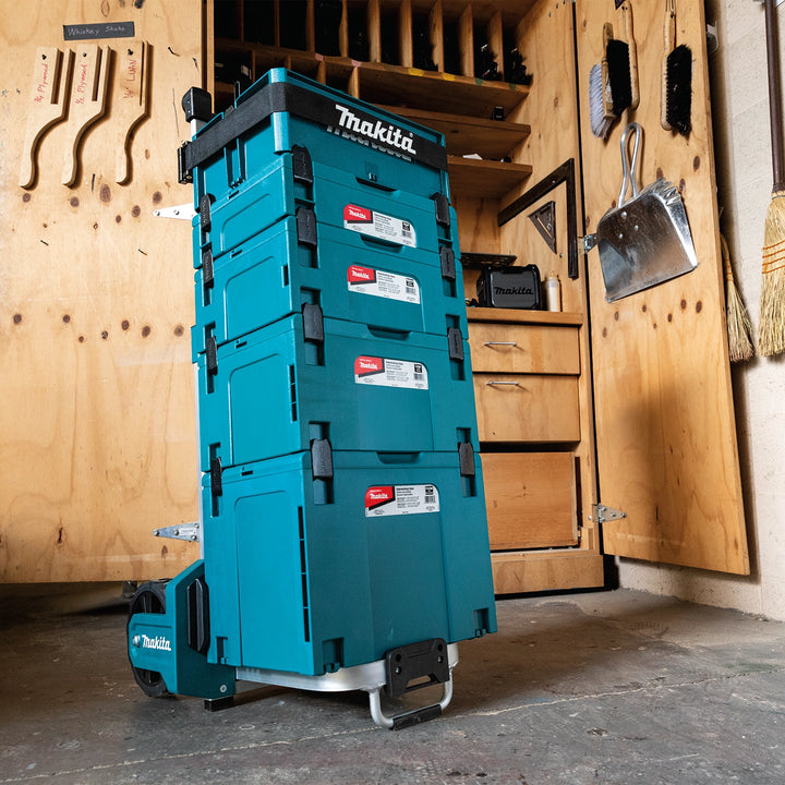 stacked makita cases in use at jobsite work area

