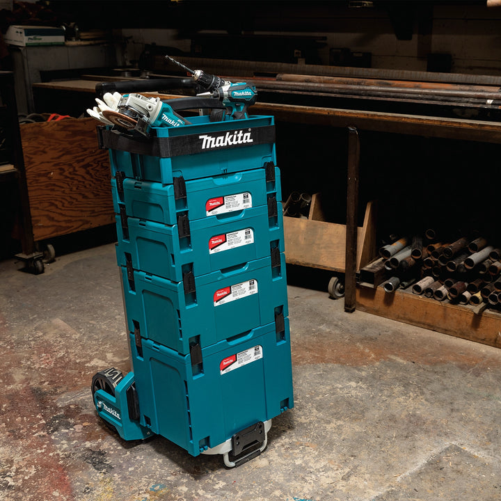 makita interlocking cases stacked and rolling on cart for mobility
